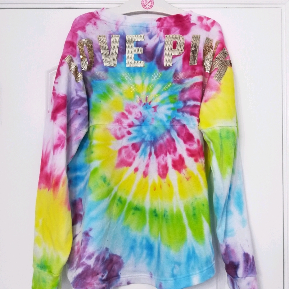 VS PINK Bling Tie Dye Logo Varsity Crew Rainbow S